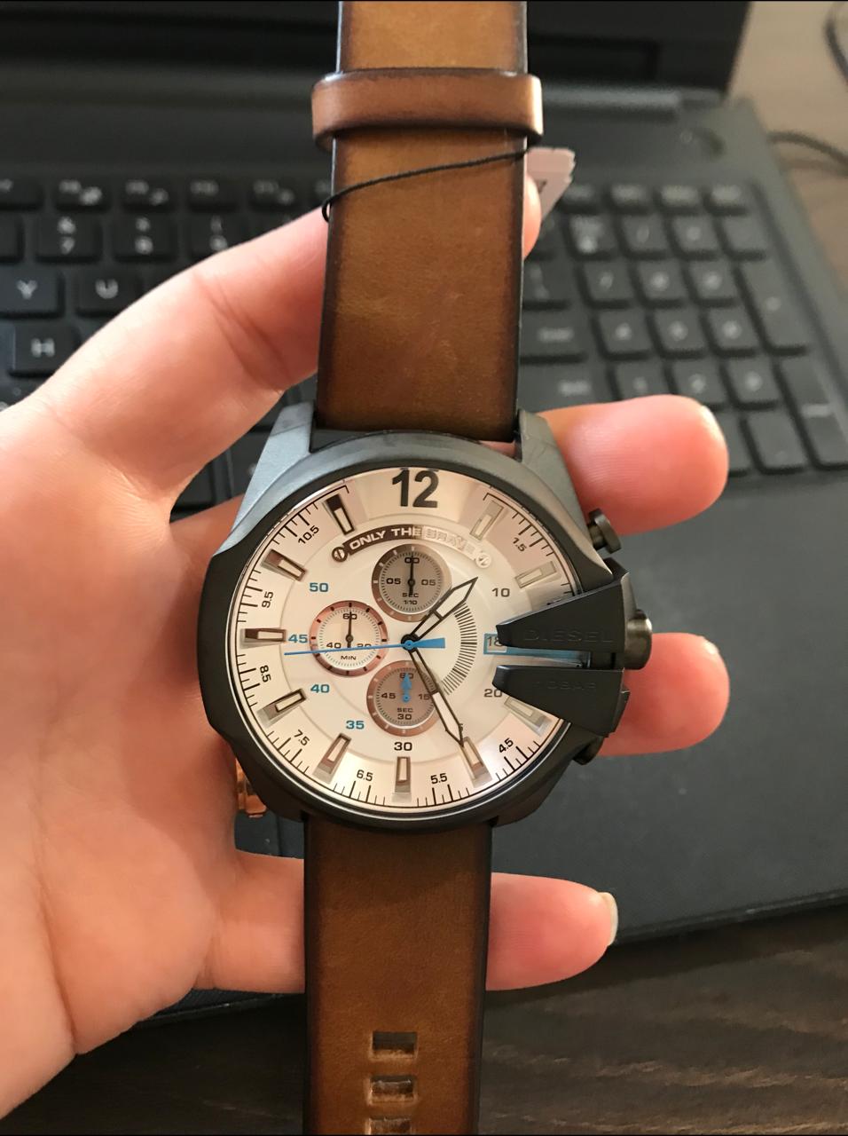 Diesel DZ4280 Mega Chief Chronograph Men's Watch – White Dial & Brown Leather Strap