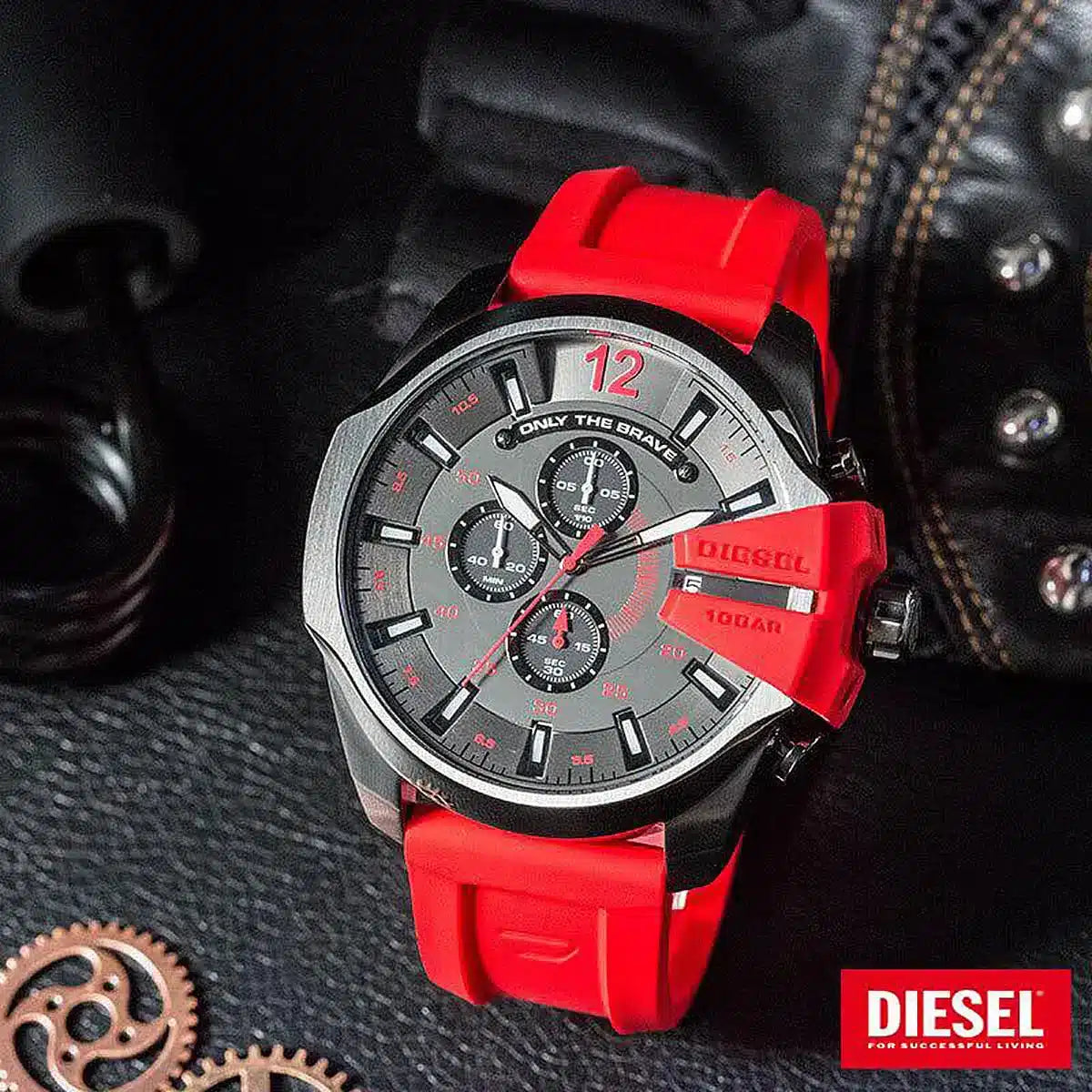 Diesel DZ4427 Mega Chief Chronograph Men's Watch – Black Dial & Red Silicone Strap