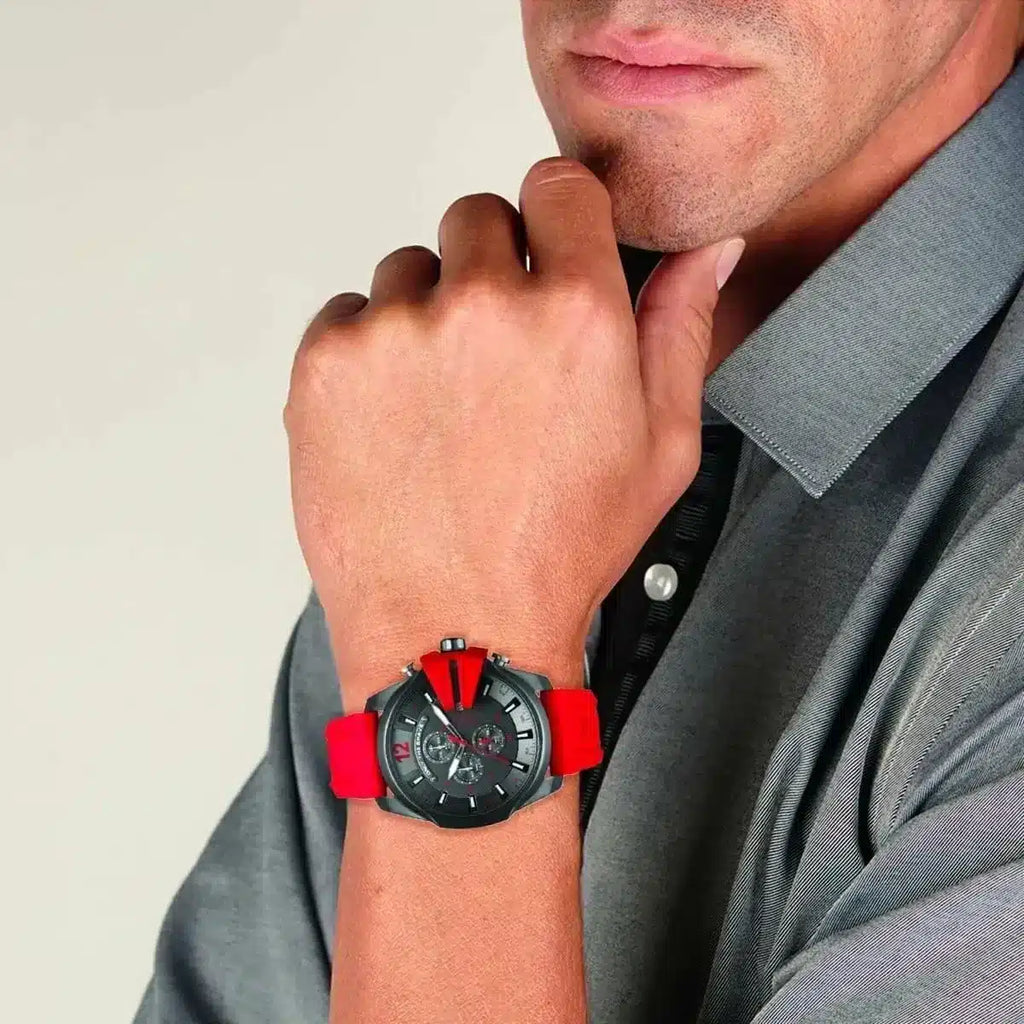 Diesel DZ4427 Mega Chief Chronograph Men's Watch – Black Dial & Red Silicone Strap
