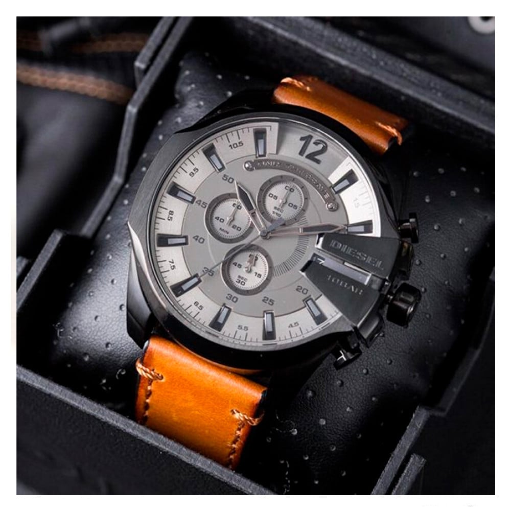 Diesel DZ4463 Mega Chief Chronograph Men's Watch – Grey Dial & Brown Leather Strap