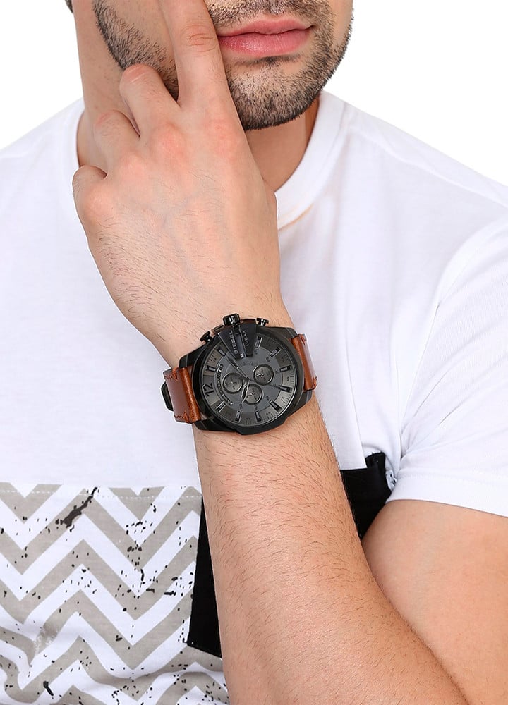 Diesel DZ4463 Mega Chief Chronograph Men's Watch – Grey Dial & Brown Leather Strap