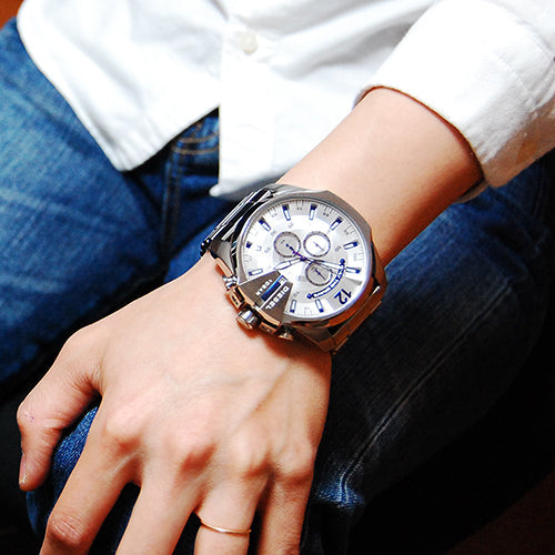 Diesel DZ4477 Mega Chief Chronograph Men's Watch – White Dial & Silver Stainless Steel Strap