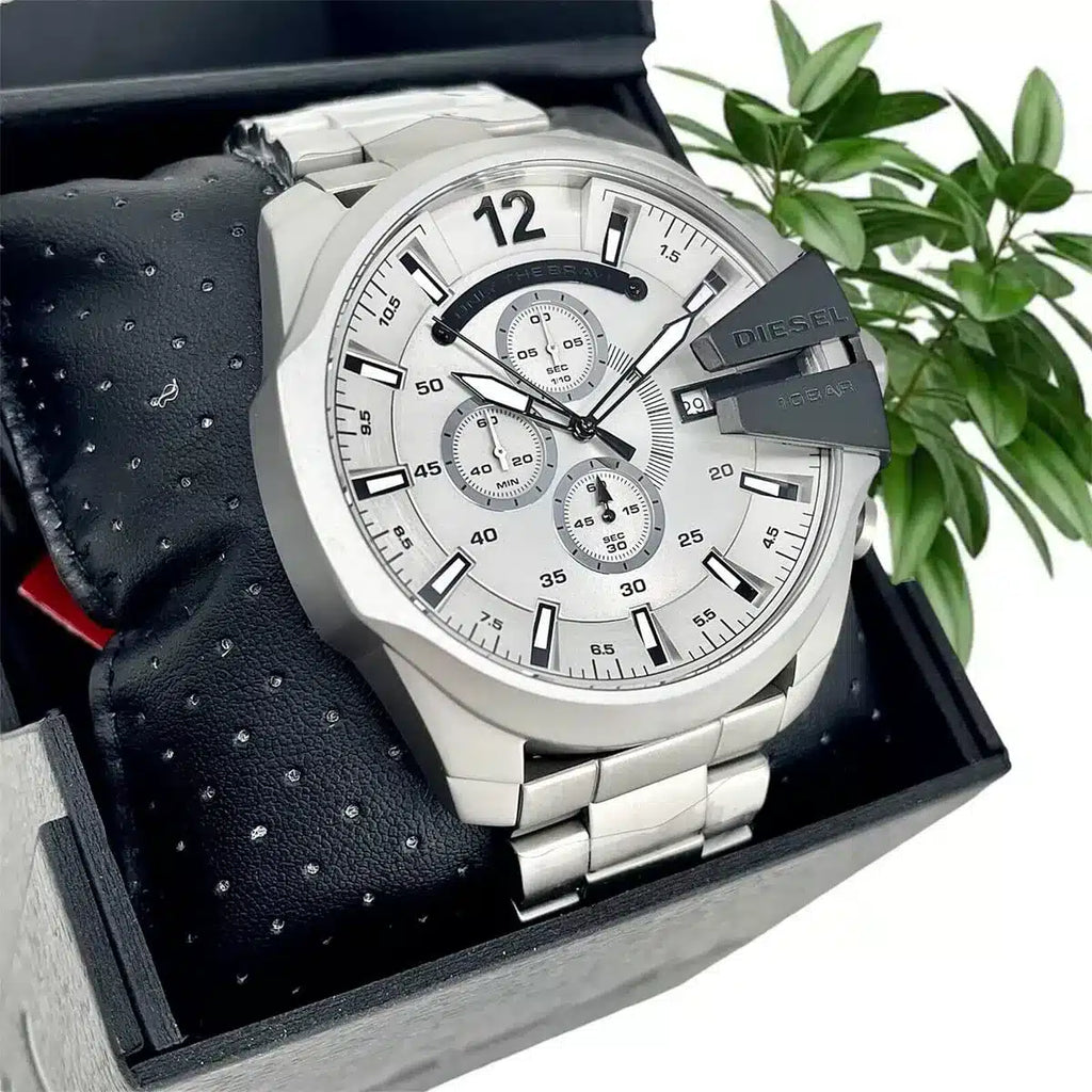 Diesel DZ4501 Mega Chief Chronograph Men's Watch – Silver Dial & Silver Stainless Steel Strap