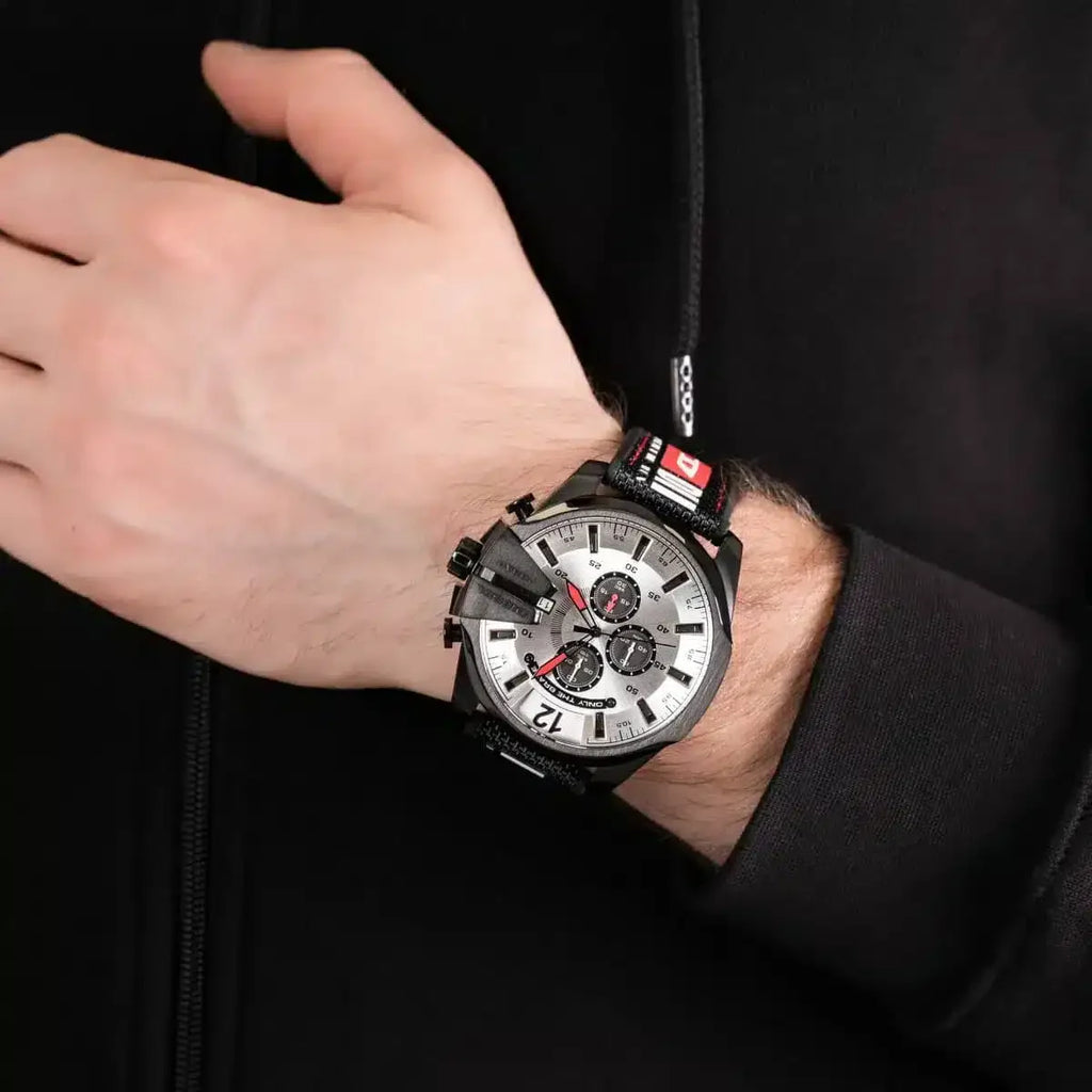Diesel DZ4512 Mega Chief Chronograph Men's Watch – Silver Dial & Black Leather Strap