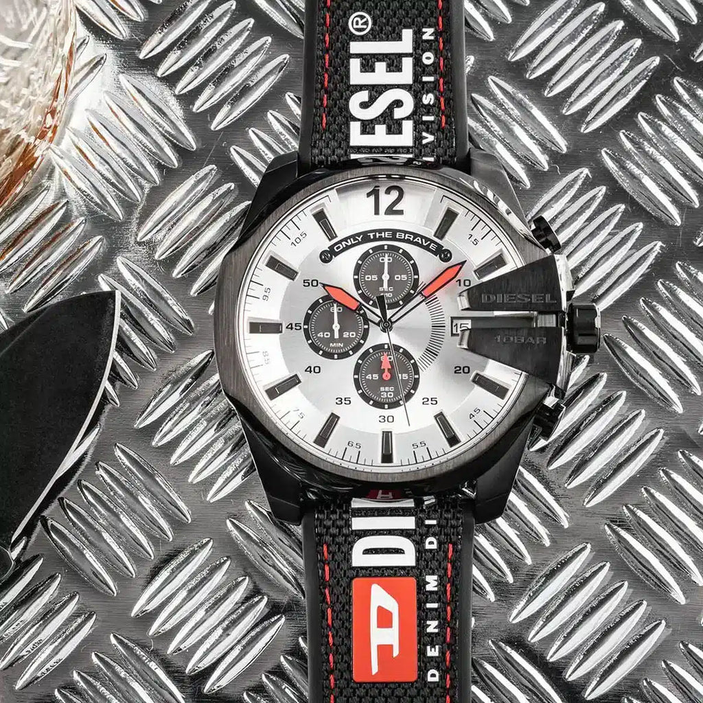 Diesel DZ4512 Mega Chief Chronograph Men's Watch – Silver Dial & Black Leather Strap