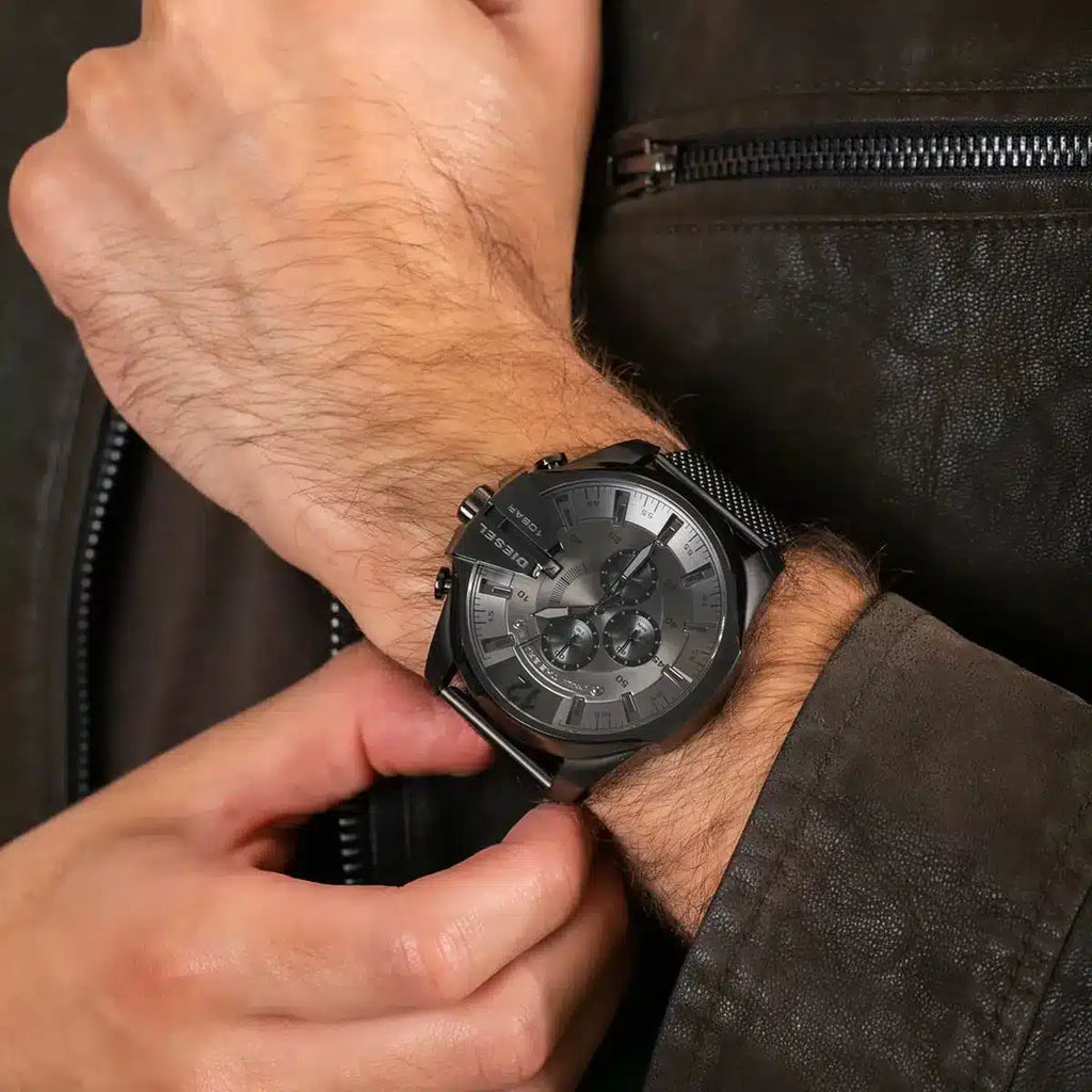 Diesel DZ4527 Mega Chief Chronograph Men's Watch – Black Dial & Black Mesh Strap