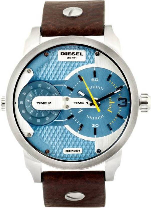 Diesel DZ7321 Mini Daddy Chronograph Men's Watch – Light Blue Dial & Brown Leather Strap