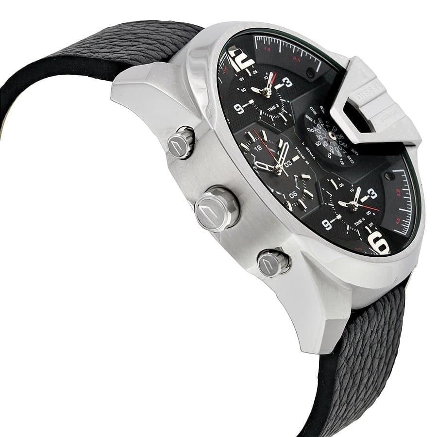 Diesel DZ7376 Uber Chief Oversized 4-Time Men's Watch – Black Dial & Black Leather Strap