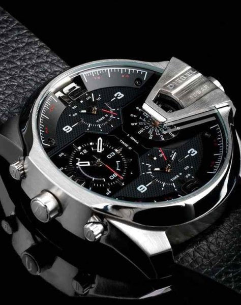 Diesel DZ7376 Uber Chief Oversized 4-Time Men's Watch – Black Dial & Black Leather Strap