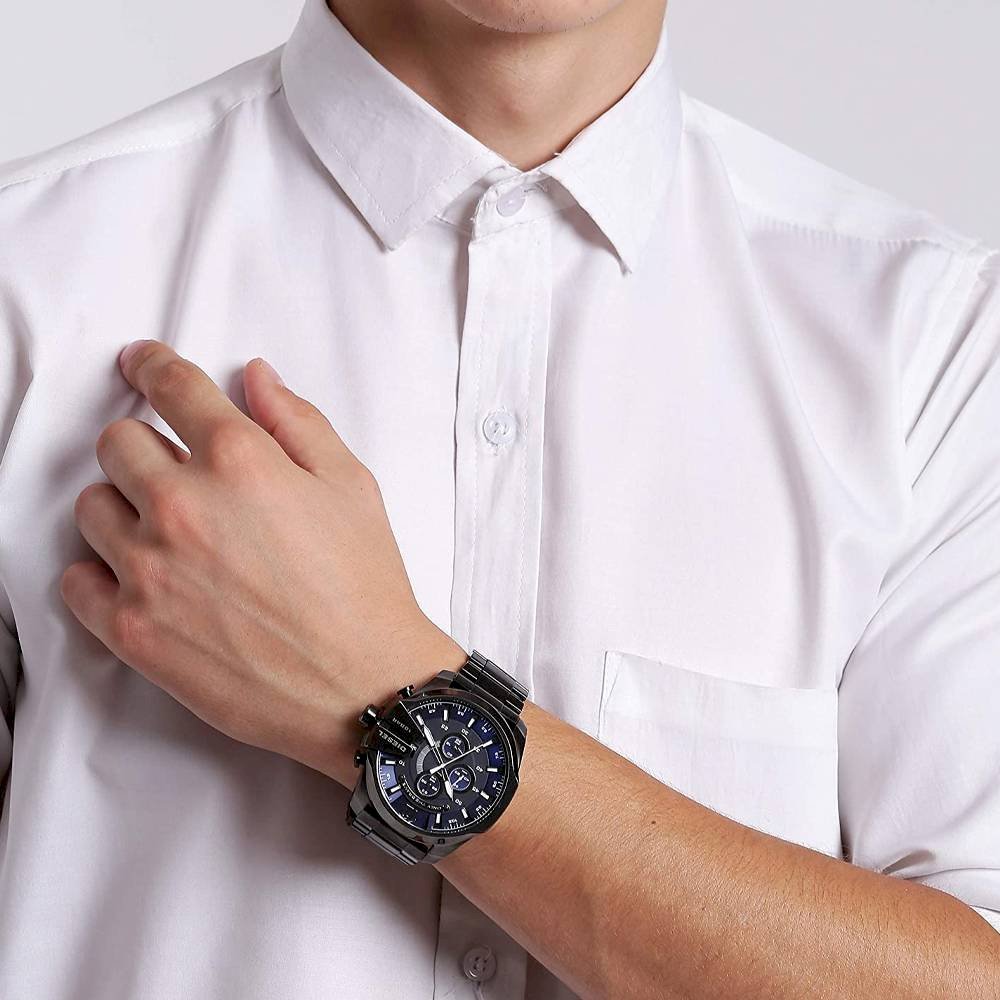 Diesel DZ4329 Mega Chief Chronograph Men's Watch – Blue Dial & Black Stainless Steel Strap