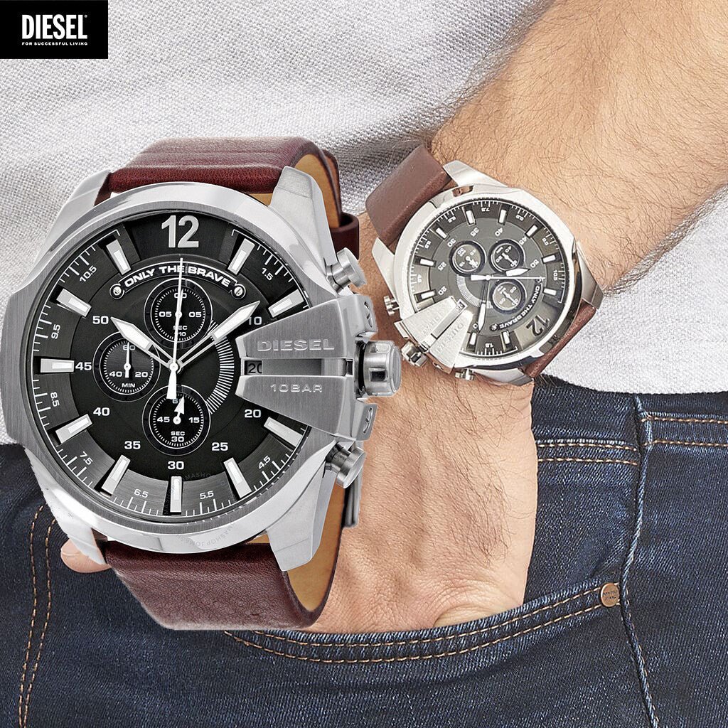 Diesel DZ4290 Mega Chief Chronograph Men's Watch – Black Dial & Brown Leather Strap