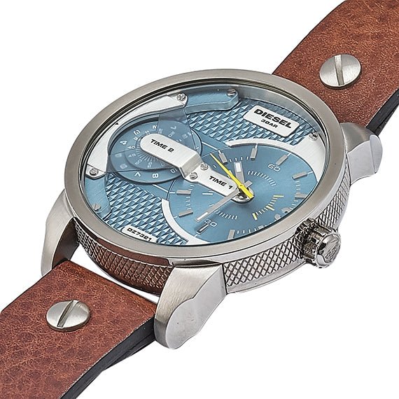 Diesel DZ7321 Mini Daddy Chronograph Men's Watch – Light Blue Dial & Brown Leather Strap