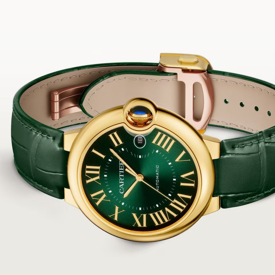 Ballon Bleu De Cartier Watch | 40mm, 18K Yellow Gold, Alligator Leather, Green Dial