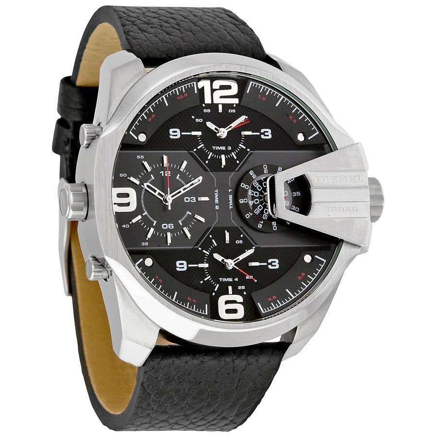 Diesel DZ7376 Uber Chief Oversized 4-Time Men's Watch – Black Dial & Black Leather Strap