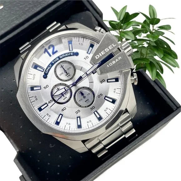 Diesel DZ4477 Mega Chief Chronograph Men's Watch – White Dial & Silver Stainless Steel Strap