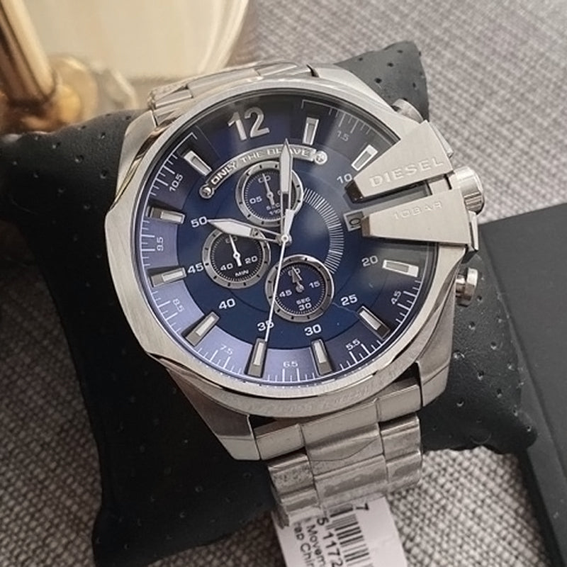 Diesel DZ4417 Mega Chief Chronograph Men's Watch – Blue Dial & Silver Stainless Steel Strap