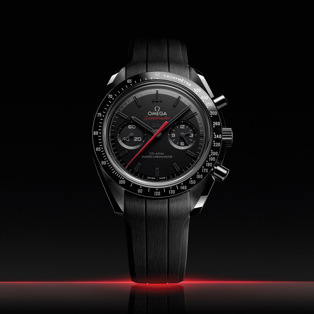OMEGA Speedmaster Dark Side of the Moon Black Ceramic 44.25mm - Full Black w/ Red Seconds Hand on Rubber Strap