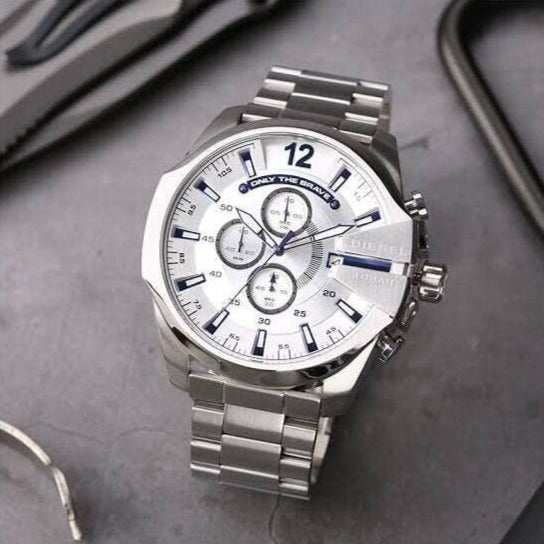Diesel DZ4477 Mega Chief Chronograph Men's Watch – White Dial & Silver Stainless Steel Strap