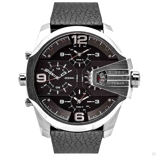 Diesel DZ7376 Uber Chief Oversized 4-Time Men's Watch – Black Dial & Black Leather Strap