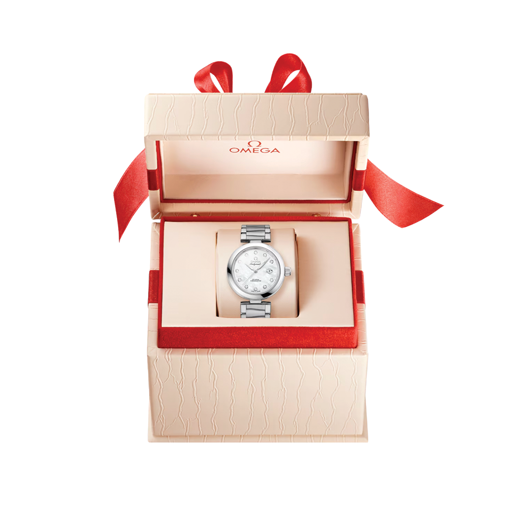 OMEGA De Ville Ladymatic 34mm - White, Mother-of-Pearl w/ Diamonds on Bracelet