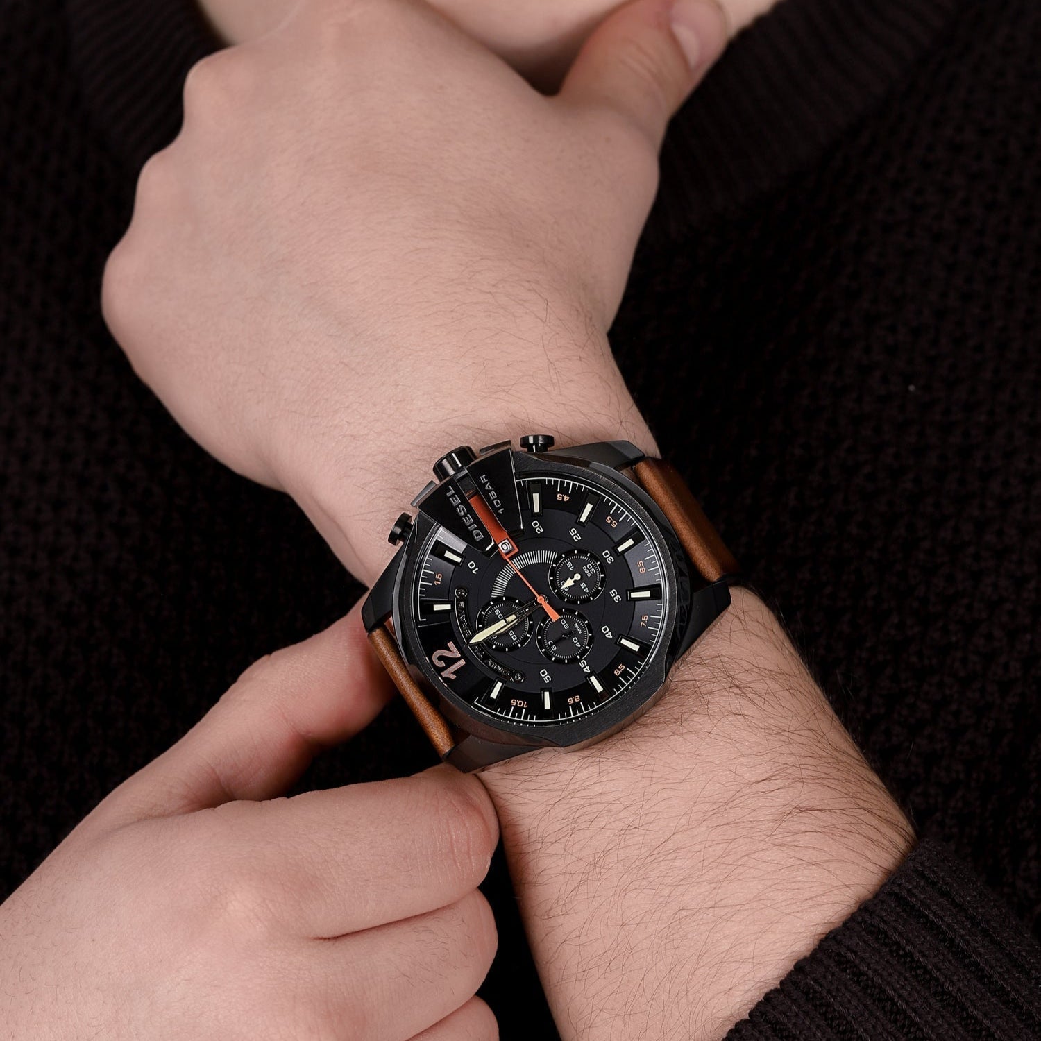 Diesel DZ4343 Mega Chief Chronograph Men's Watch – Black Dial & Brown Leather Strap