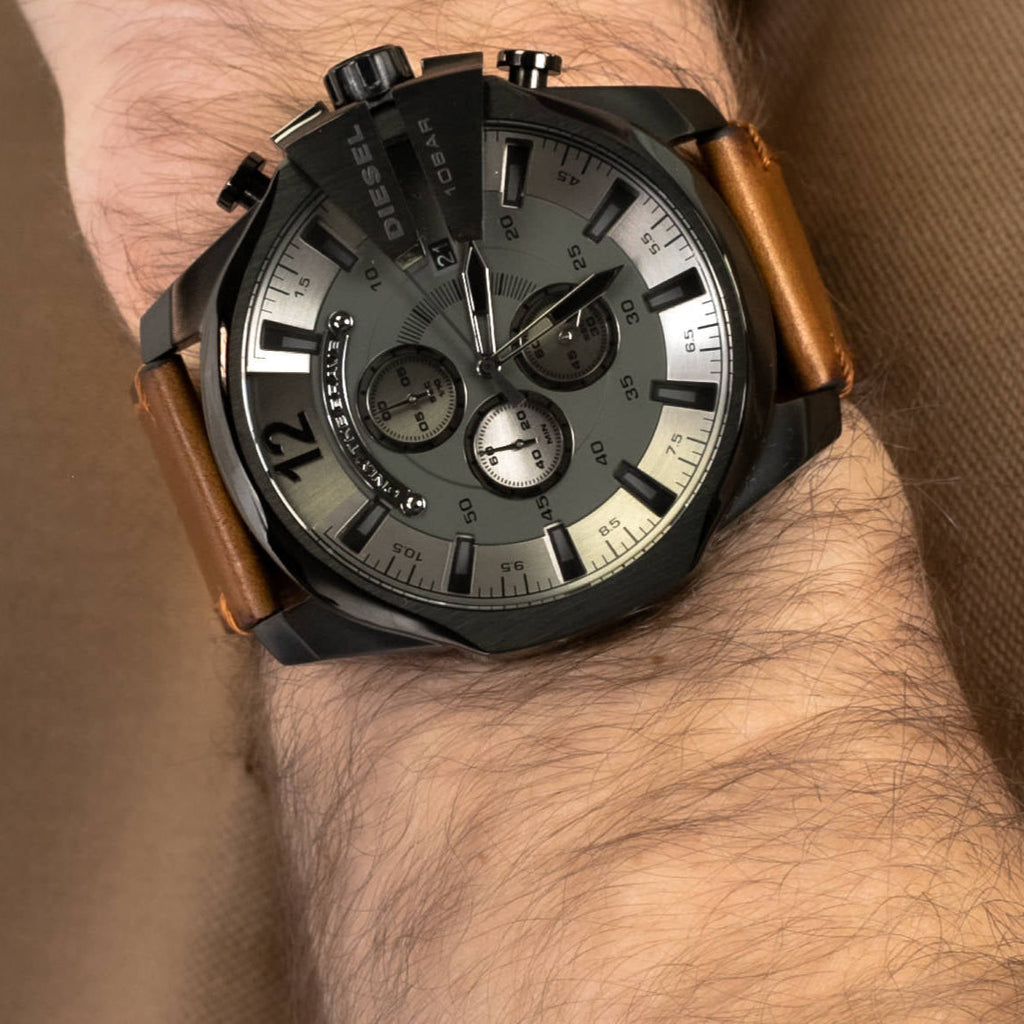 Diesel DZ4463 Mega Chief Chronograph Men's Watch – Grey Dial & Brown Leather Strap